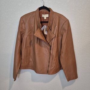 Michael Kors Women's Plus 3X Brown Leather Moto Jacket